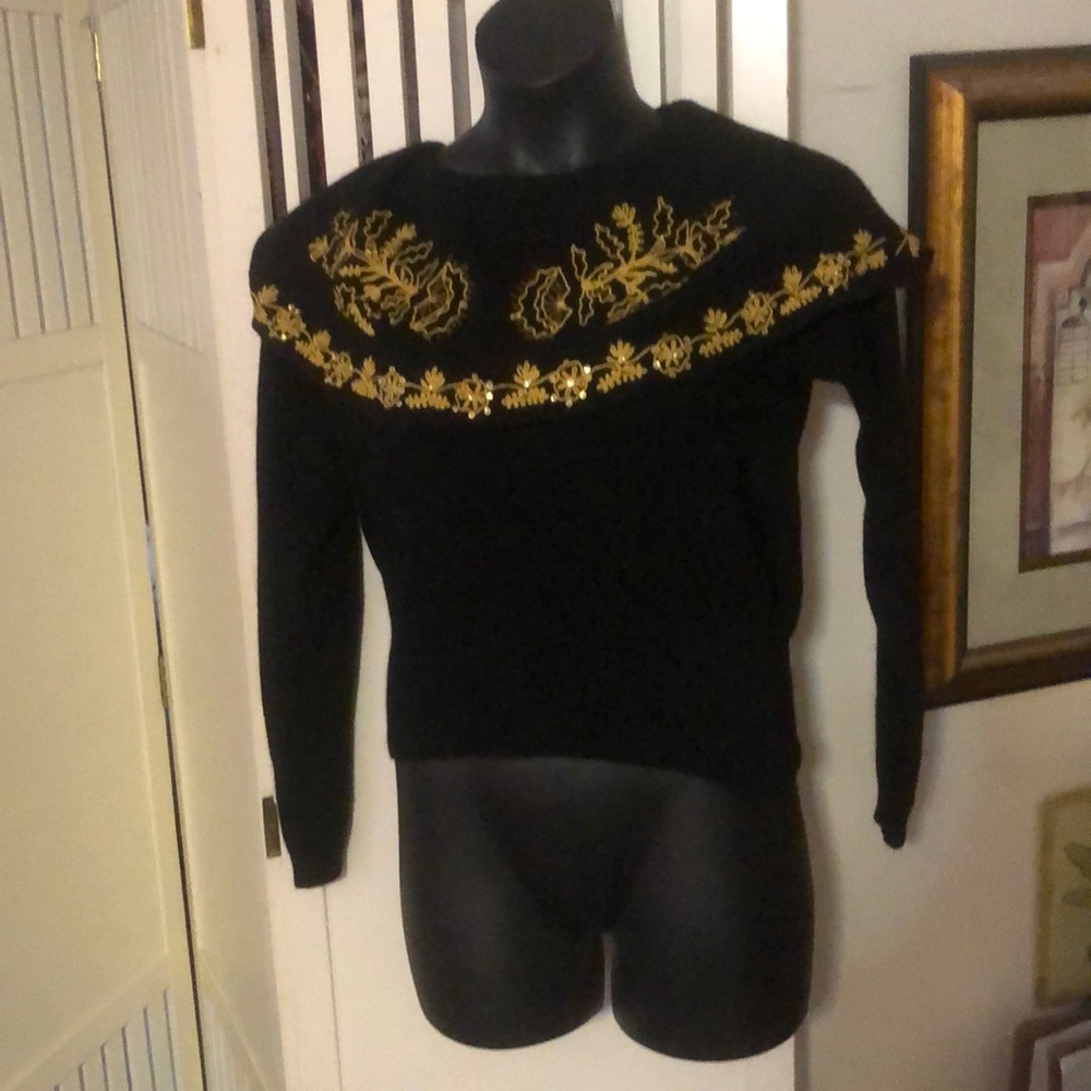 Black French Connection Long Sleeve Knit Sweater with Adornments